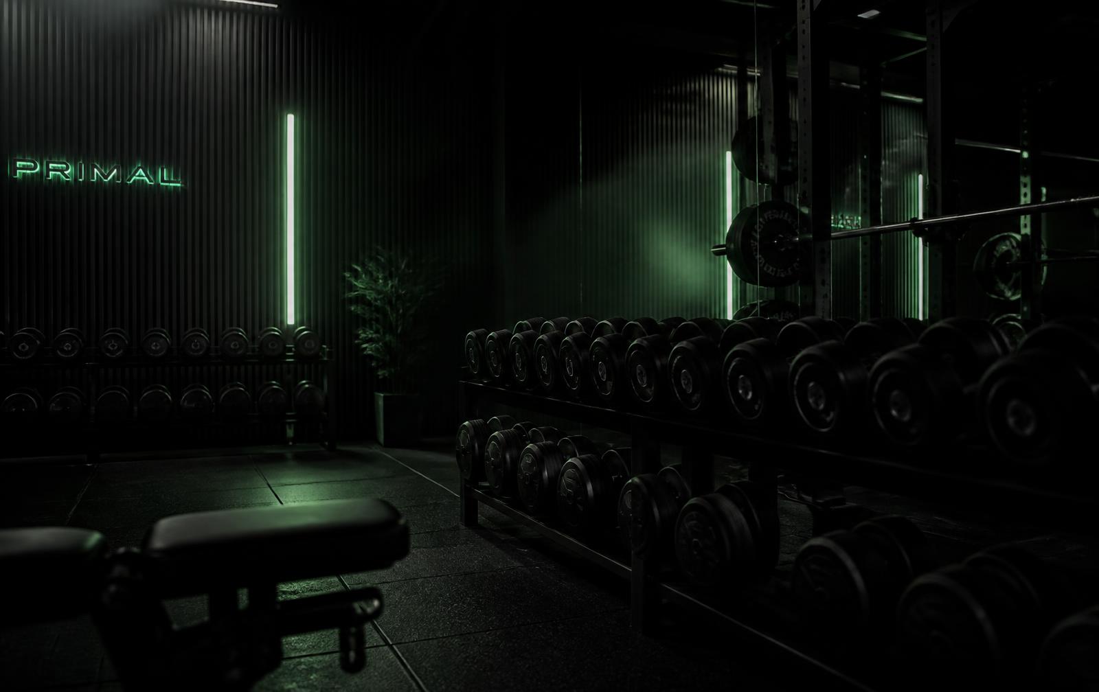 Dark premium gym interior lit with subtle green light